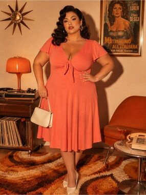 BCBG Paris Coral Chiffon Tie Front Retro Y2K Dress Size XL